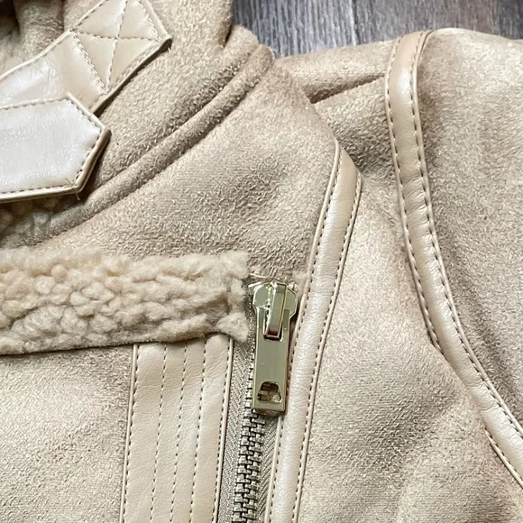 TAUPE BROWN FAUX FUR SUEDE MOTO JACKET BIKER COAT - Picture 14 of 14